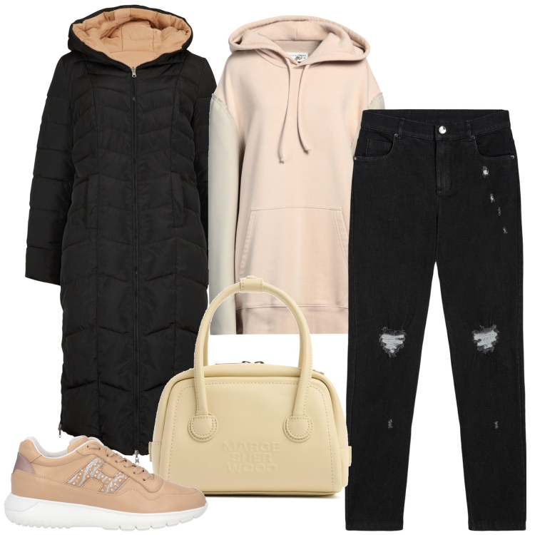 Outfit donna - Il piumino lungo. Stile Sporty chic per Tutti i giorni. Abbinamento con blazer, sneakers, felpe con cappuccio, jeans skinny, borse tote.