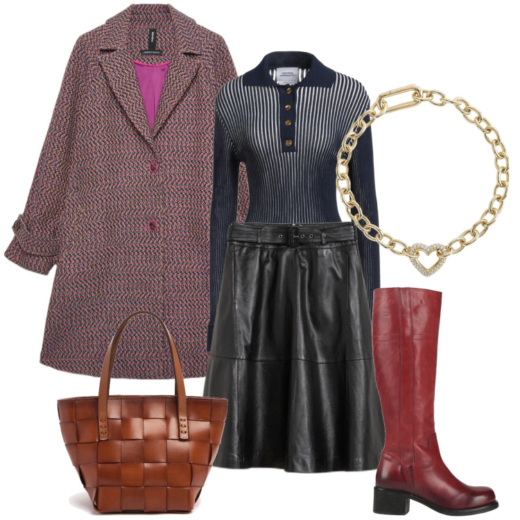 Outfit donna - La borsa intrecciata. Stile Bon Ton per Ufficio. Abbinamento con gonne, stivali, pullovers, braccialetti, borse a mano, cappotti.