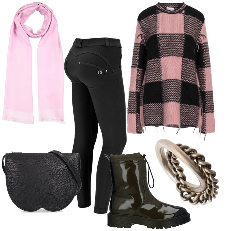 Outfit donna - Un tocco romantico nel rock. Stile Rock per Tutti i giorni. Abbinamento con pullovers, stivaletti, sciarpe, pantaloni skinny, anelli, borse a spalla.