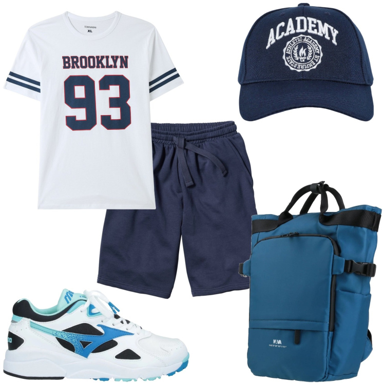 Outfit uomo - Sportivo in città. Stile Casual per Tutti i giorni. Abbinamento con bermuda, borse sportive, sneakers, t-shirt, cappelli con visiera.