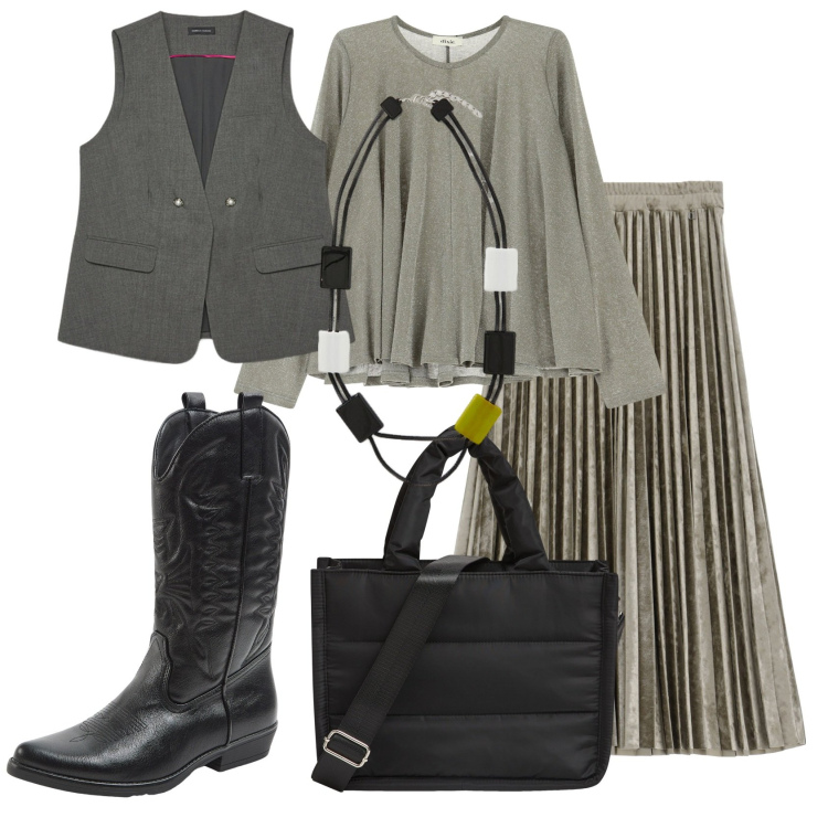 Outfit donna - Total look #2047147. Stile Chic per Tutti i giorni. Abbinamento con shopping bag, stivali, gonne longuette, maglieria, gilet, collane.