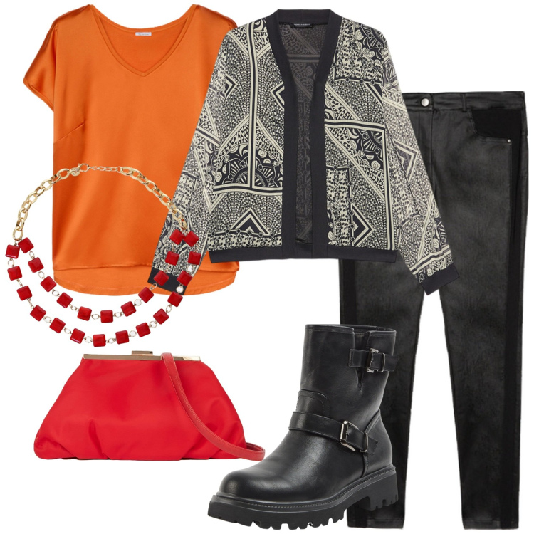 Outfit donna - Total look #2047149. Stile Trendy per Tutti i giorni. Abbinamento con stivaletti, collane, t-shirt, pochette, pantaloni skinny, blazer.