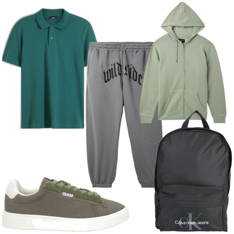 Outfit uomo - Total look #2047150. Stile Trendy per Sport. Abbinamento con polo, borse sportive, sneakers, pantaloni, felpe con cappuccio.
