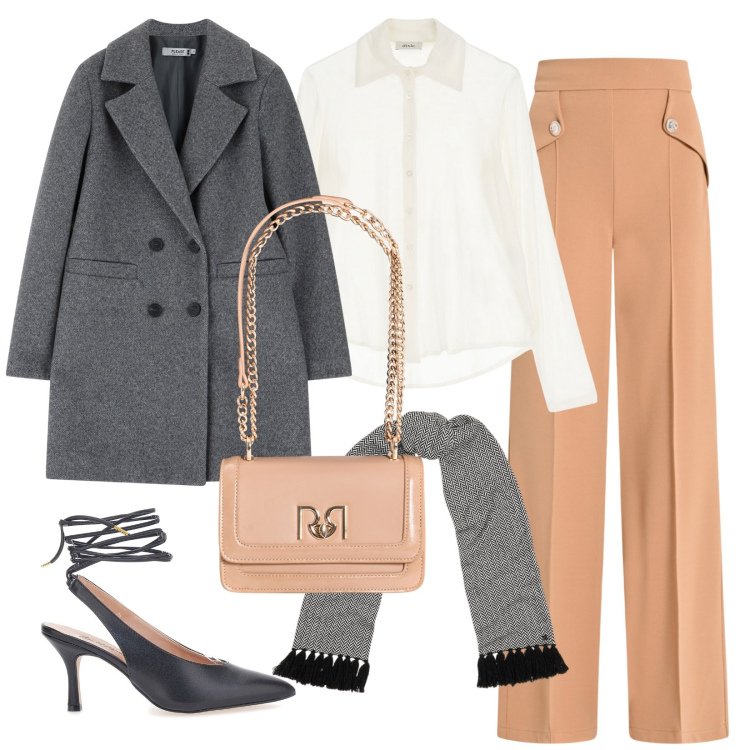 Outfit donna - Abbinamenti chic. Stile Chic per Ufficio. Abbinamento con pantaloni a palazzo, borse a tracolla, cappotti, camicie, sciarpe, décolleté.