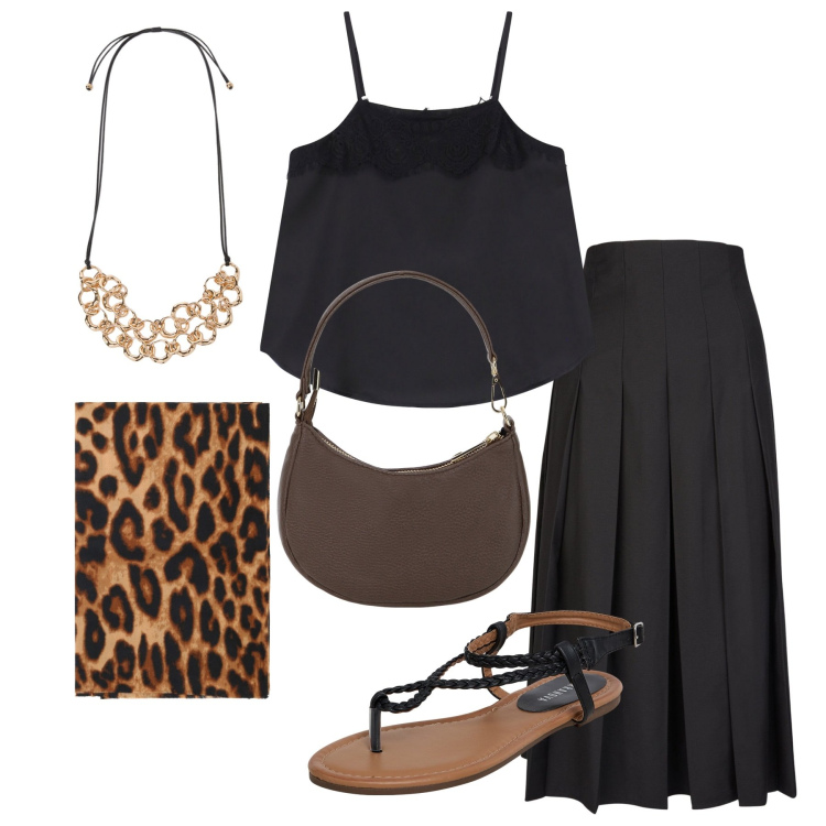 Outfit donna - Nero d\'estate. Stile Etnico per Tutti i giorni. Abbinamento con ciabatte, stole, top, borse a spalla, collane, gonne longuette.