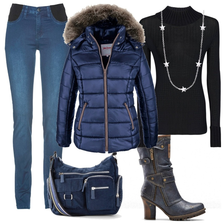 Outfit donna - "In linea". Stile Rock per Tutti i giorni. Abbinamento con borse a tracolla, piumini, jeans skinny, stivali, collane, maglieria.