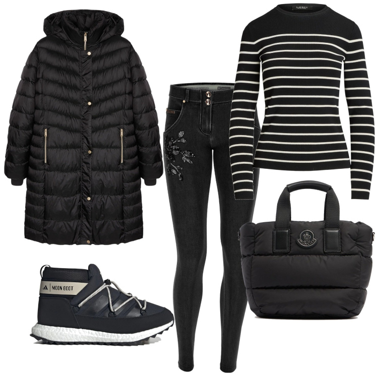 Outfit donna - Ben imbottita. Stile Casual per Tutti i giorni. Abbinamento con pullovers, jeans skinny, stivaletti, shopping bag, piumini.