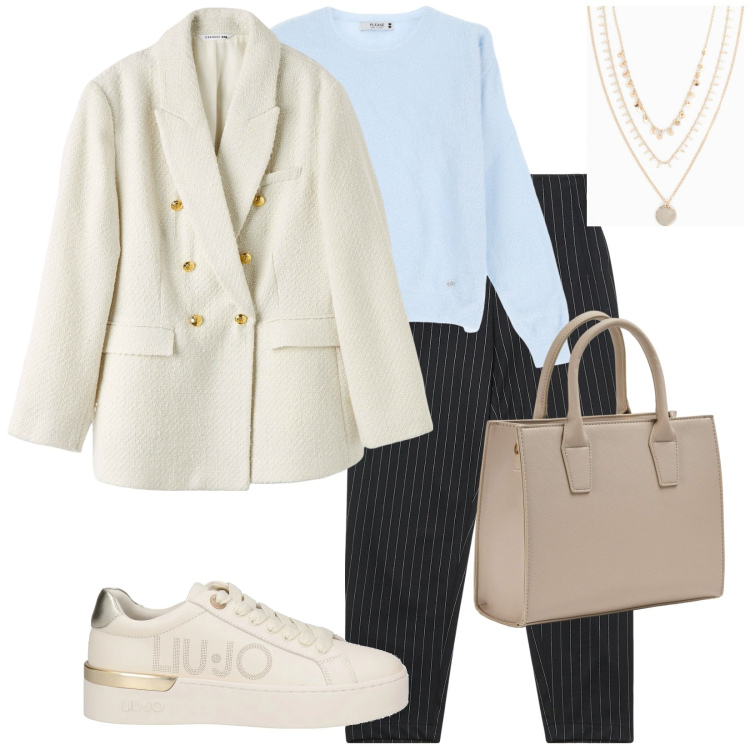 Outfit donna - Sportiva a lavoro. per Ufficio. Abbinamento con collane, sneakers, pantaloni chino, blazer, shopping bag, maglieria.
