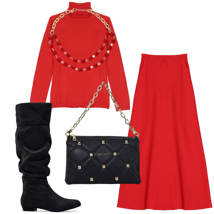 Outfit donna - Rosso per osare. Stile Casual chic per Tutti i giorni. Abbinamento con stivali, maglieria, borse a spalla, gonne lunghe, collane.
