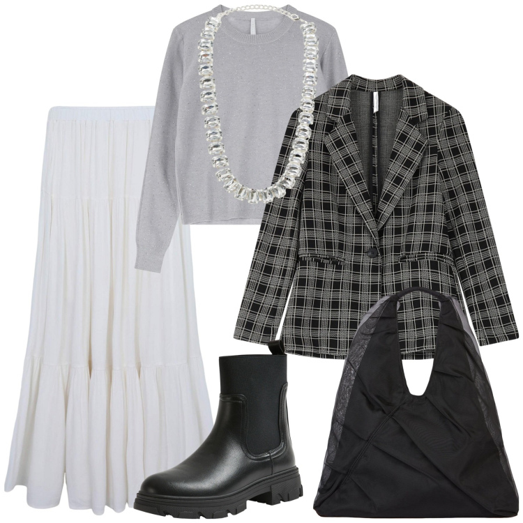 Outfit donna - A proprio agio. Stile Casual chic per Tutti i giorni. Abbinamento con gonne lunghe, collane, stivaletti chelsea, maglieria, blazer, shopping bag.