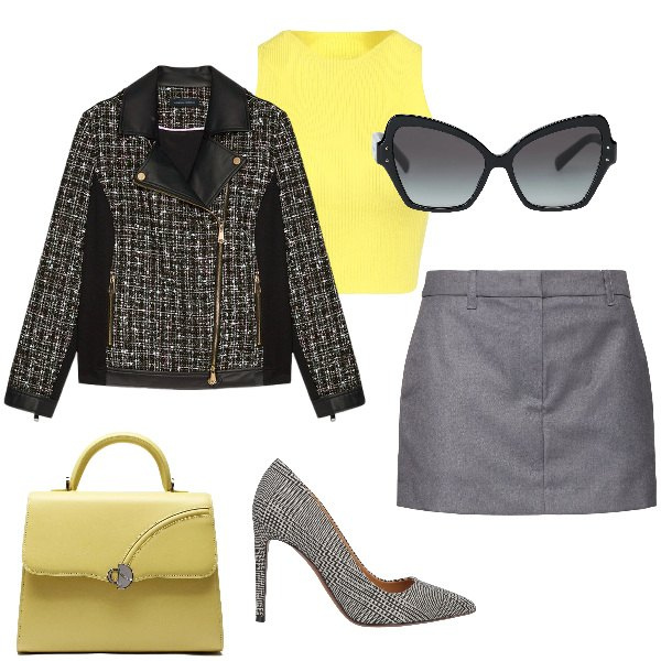 Outfit donna - 90 all\'incirca. Stile Chic per Ufficio. Abbinamento con décolleté, top, occhiali da sole, blazer, minigonne, borse a mano.