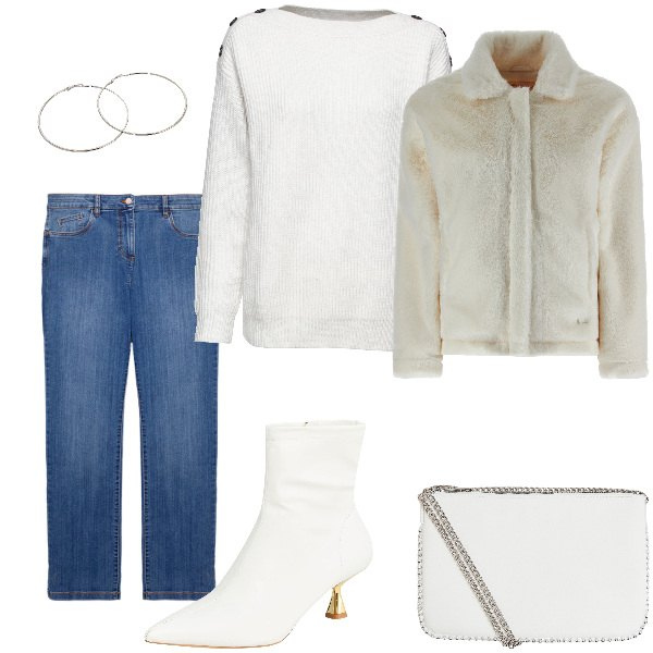 Outfit donna - Total look #2047206. Stile Casual per Tutti i giorni. Abbinamento con maglieria, stivaletti, borse a tracolla, orecchini, cappotti, jeans dritti.