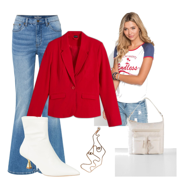 Outfit donna - Total look #2047207. Stile Casual per Tutti i giorni. Abbinamento con jeans a zampa, blazer, t-shirt, shopping bag, stivaletti, orecchini.