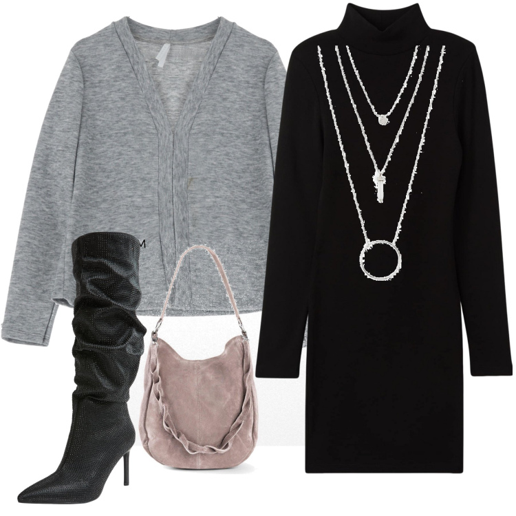 Outfit donna - Pink bag. Stile Rock Abbinamento con ciondoli, borse a mano, stivali, vestiti corti, cardigans.