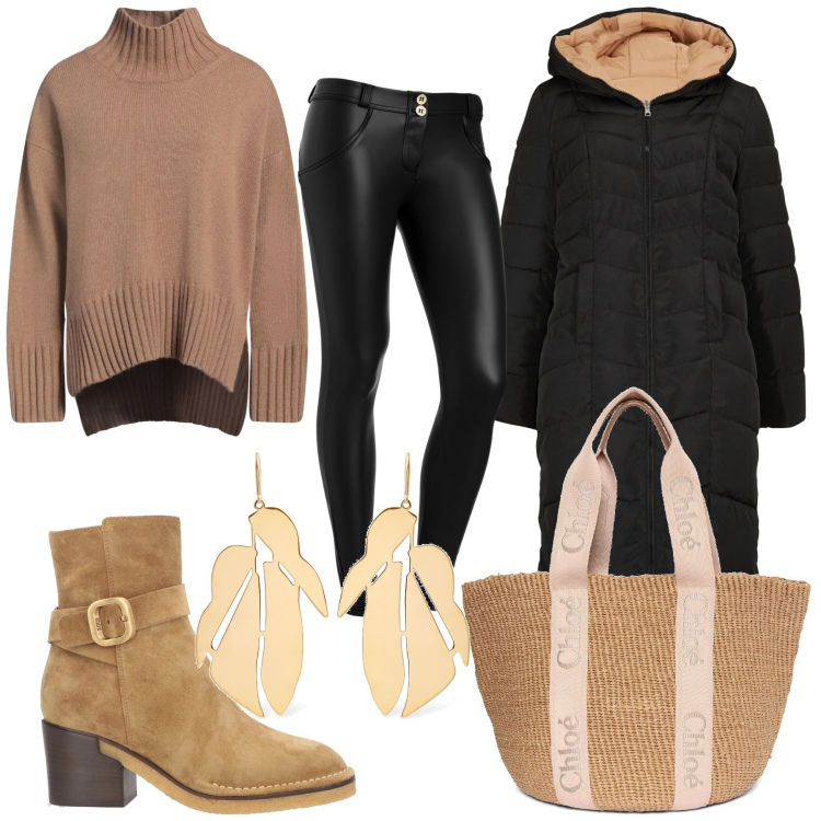 Outfit donna - Che begli accessori. Stile Urban per Tutti i giorni. Abbinamento con blazer, maglieria, stivaletti, pantaloni skinny, shopping bag, orecchini.