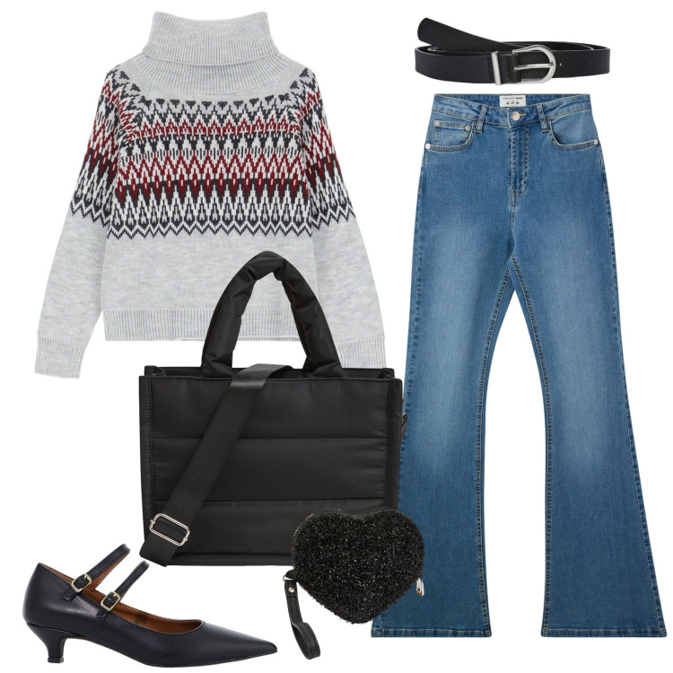 Outfit donna - Total look #2047219. Stile Basic per Tutti i giorni. Abbinamento con cinture, jeans a zampa, shopping bag, portafogli, maglieria, décolleté.