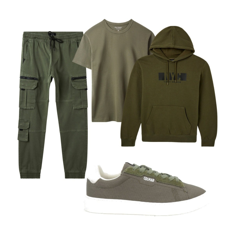 Outfit uomo - Total look #2047222. Stile Casual per Tutti i giorni. Abbinamento con sneakers, t-shirt, pantaloni cargo, felpe con cappuccio.