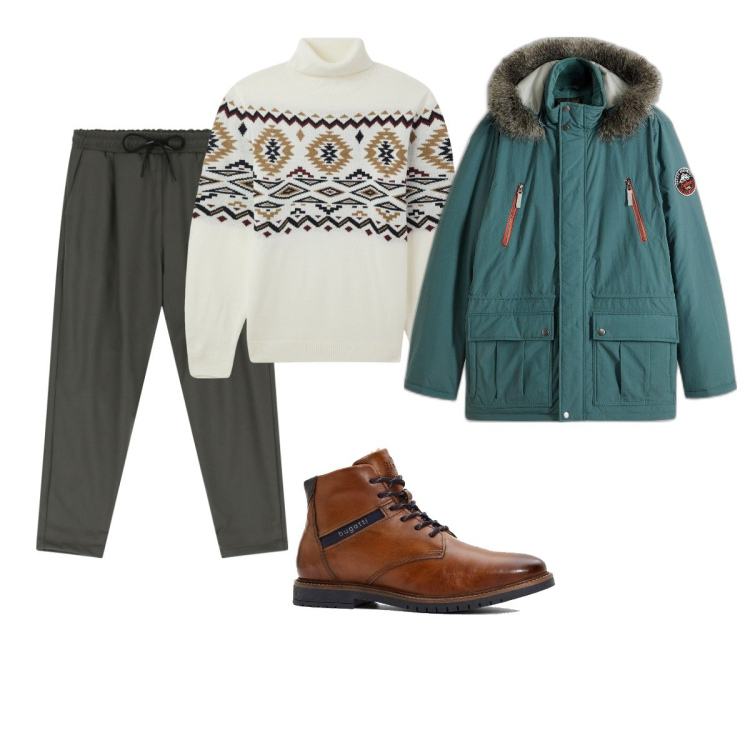 Outfit uomo - Total look #2047229. Stile Casual per Tutti i giorni. Abbinamento con parka, stivali e stivaletti, maglieria, pantaloni.