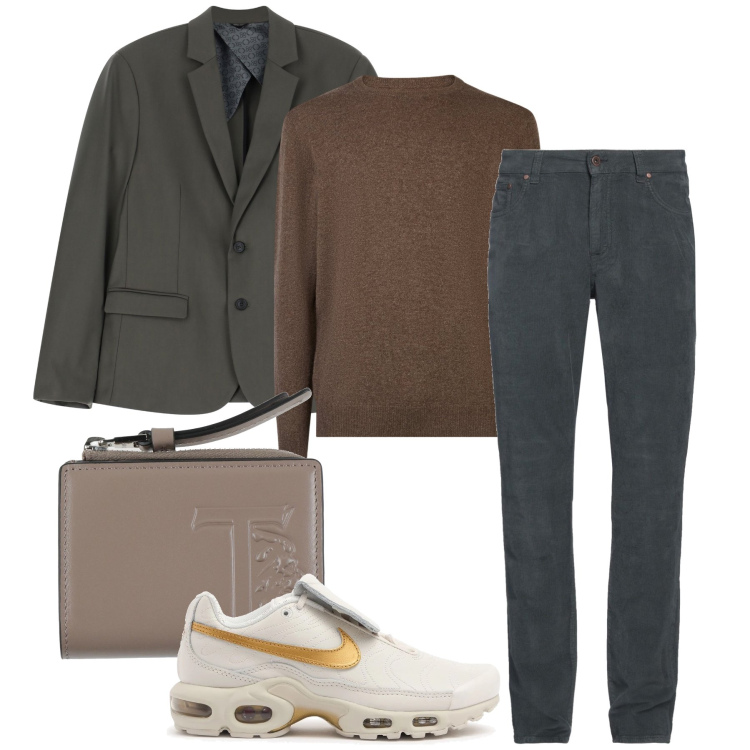 Outfit uomo - Elegante con le Nike. Stile Trendy per Ufficio. Abbinamento con pantaloni, portafogli, giacche, maglieria, sneakers.