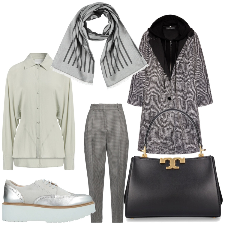 Outfit donna - Grigio gennaio. Stile Sporty chic per Ufficio. Abbinamento con scarpe stringate, sciarpe, pantaloni, camicie, cappotti, borse a mano.