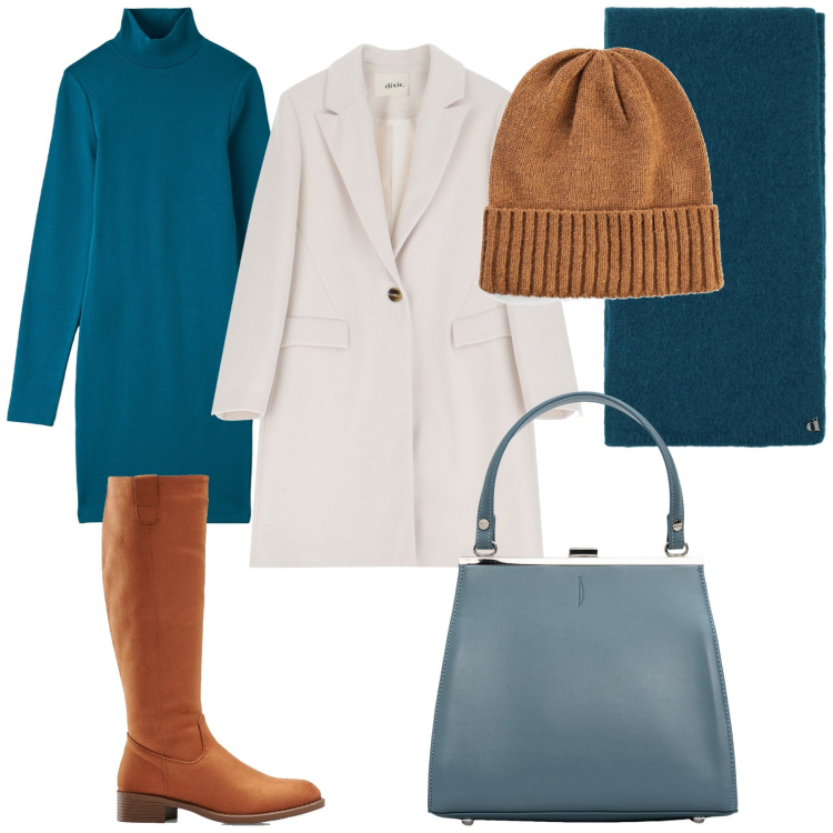 Outfit donna - Pomeriggio azzurro. Stile Bon Ton per Tutti i giorni. Abbinamento con stivali, berretti, vestiti, stole, cappotti, clutch.