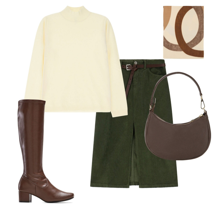 Outfit donna - Gonna verde. Stile Casual chic per Tutti i giorni. Abbinamento con stivali, foulard, maglieria, borse a spalla, gonne.