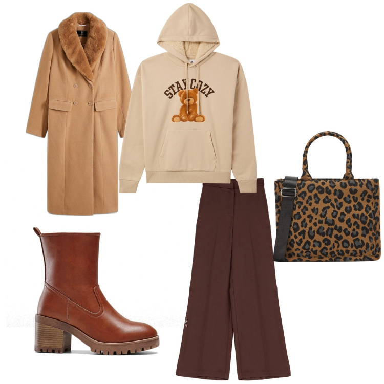 Outfit donna - Teddy. Stile Sporty chic per Tutti i giorni. Abbinamento con stivaletti, cappotti, shopping bag, felpe con cappuccio, pantaloni.
