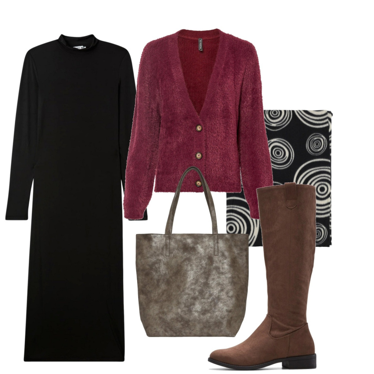 Outfit donna - Foulard. Stile Bon Ton per Tutti i giorni. Abbinamento con cardigans, stivali, vestiti lunghi, borse tote, foulard.