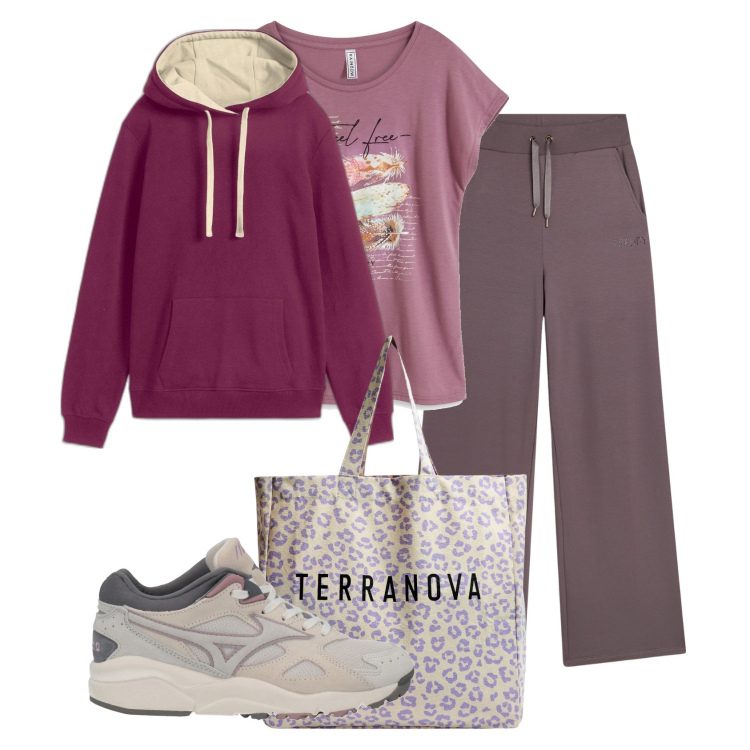Outfit donna - Total look #2047261. Stile Basic per Tutti i giorni. Abbinamento con t-shirt, felpe con cappuccio, sneakers, shopping bag, pantaloni.
