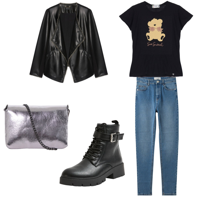 Outfit donna - Total look #2047263. Stile Rock per Tutti i giorni. Abbinamento con jeans skinny, anfibi, t-shirt, pochette, blazer.