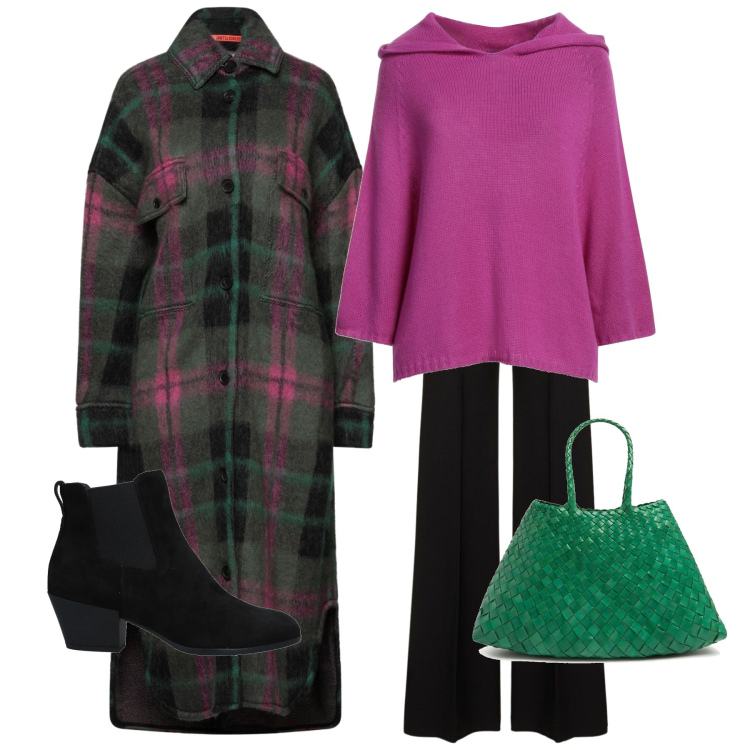 Outfit donna - Cappotto a quadri. Stile Casual chic per Tutti i giorni. Abbinamento con stivaletti chelsea, pullovers, cappotti, pantaloni, borse a spalla.