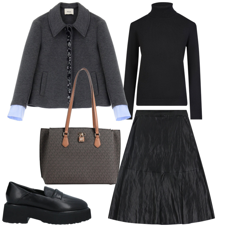 Outfit donna - Grigio e gonna. Stile Casual chic per Ufficio. Abbinamento con borse a spalla, mocassini, blazer, gonne longuette, maglieria.