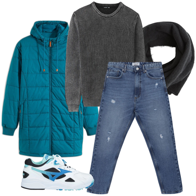 Outfit uomo - Il piumino azzurro. Stile Casual per Tutti i giorni. Abbinamento con giacche, sneakers, jeans strappati, sciarpe e foulard, maglieria.