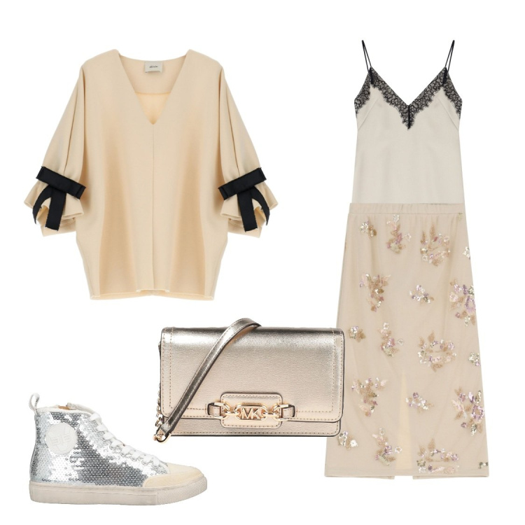 Outfit donna - Look color perla. Stile Casual chic per Serata fuori. Abbinamento con sneakers alte, borse a mano, vestiti midi/longuette, gonne, felpe.