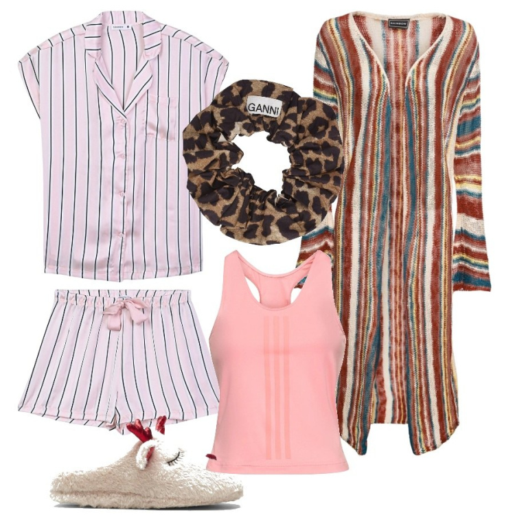 Outfit donna - Pigiama corto, cardigan lungo. Stile Basic per Tutti i giorni. Abbinamento con pantofole, cardigans, pigiama, accessori per capelli, canottiere.