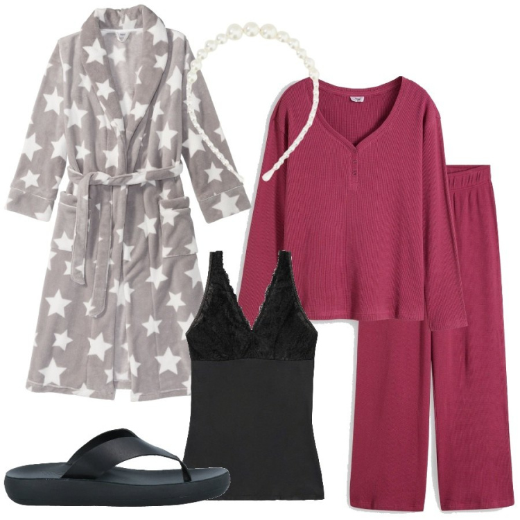 Outfit donna - Stella stellina. Stile Basic per Tutti i giorni. Abbinamento con vestaglie, top, pigiama, infradito, cerchietti.