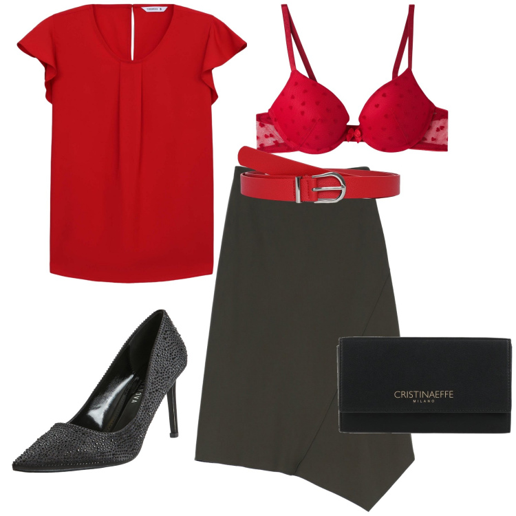 Outfit donna - Pensando a San Valentino. Stile Trendy per Serata fuori. Abbinamento con borse a mano, bluse, cinture, reggiseni push-up, décolleté, gonne.