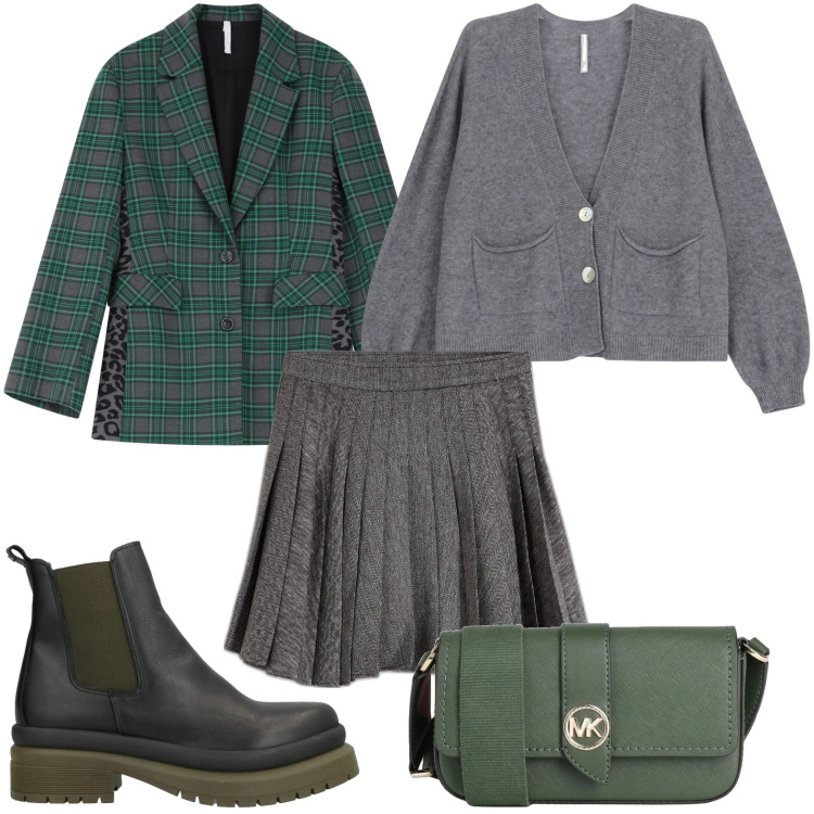 Outfit donna - Preppy style. Stile Casual per Scuola/Università. Abbinamento con minigonne, borse a tracolla, stivaletti, cardigans, blazer.