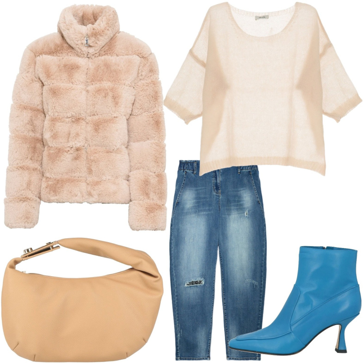 Outfit donna - Ecopelliccia winter. Stile Bon Ton per Ufficio. Abbinamento con ecopellicce, stivaletti, borse a mano, pullovers, jeans dritti.