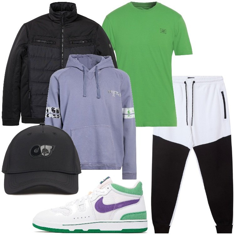 Outfit uomo - L\'essenziale sportivo. Stile Casual per Sport. Abbinamento con felpe con cappuccio, t-shirt, piumini, pantaloni sportivi, cappelli, sneakers.