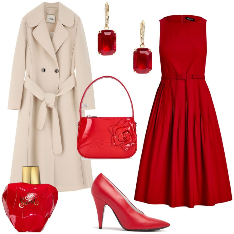 Outfit donna - Woman in red. Stile Glamour per Serata fuori. Abbinamento con profumi, cappotti, vestiti, orecchini, borse a mano, décolleté.
