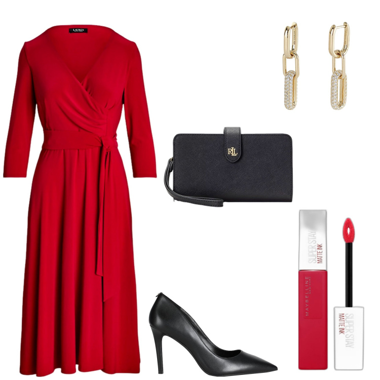 Outfit donna - In Love con eleganza. Stile Chic per Serata fuori. Abbinamento con décolleté, rossetti, orecchini, vestiti, pochette.