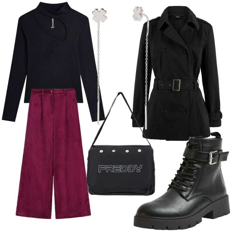 Outfit donna - Pantaloni palazzo j\'adore @jsabelle. Stile Casual per Tutti i giorni. Abbinamento con trench, anfibi, orecchini, borse messenger, maglieria, pantaloni a palazzo.