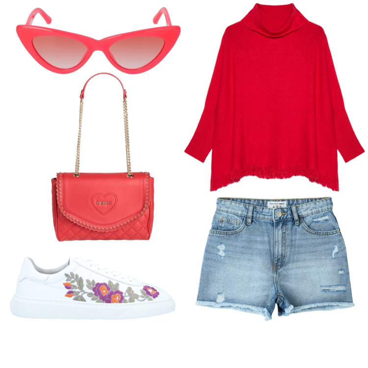Outfit donna - Frutta succosa. Stile Trendy per Scuola/Università. Abbinamento con sneakers, borse a mano, shorts, maglieria, occhiali da sole.