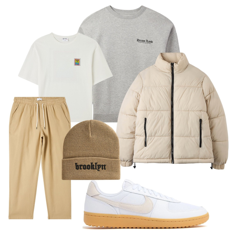 Outfit uomo - Total look beige. Stile Casual per Tutti i giorni. Abbinamento con pantaloni, t-shirt, felpe, berretti, piumini, sneakers.