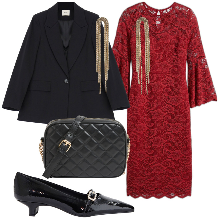 Outfit donna - Ancora san Valentino dopo 40 anni. per Serata fuori. Abbinamento con vestiti, borse a tracolla, orecchini, blazer, ballerine.