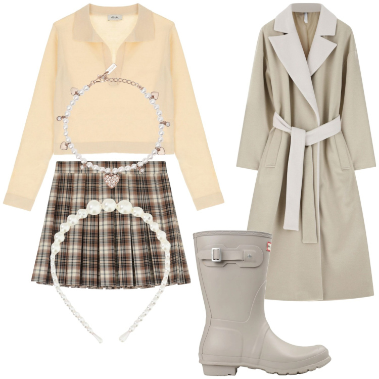 Outfit donna - Total look #2047402. Stile Preppy per Tutti i giorni. Abbinamento con stivali, braccialetti, minigonne, cappotti, pullovers, cerchietti.