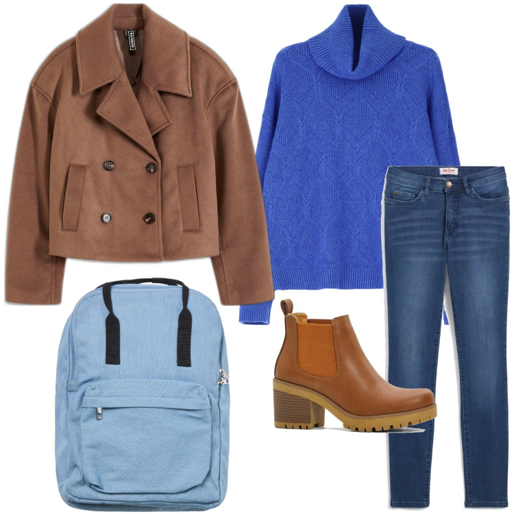 Outfit donna - Street urban. Stile Casual per Scuola/Università. Abbinamento con jeans slim fit, stivaletti chelsea, caban, zaini, maglieria.