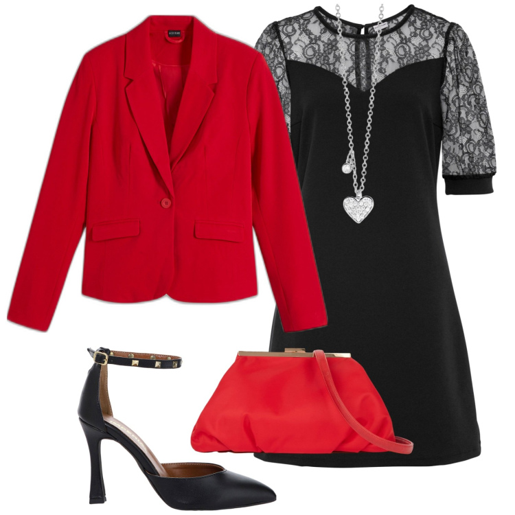 Outfit donna - Un cuore per te. per Serata fuori. Abbinamento con vestiti corti, blazer, collane, décolleté, pochette.