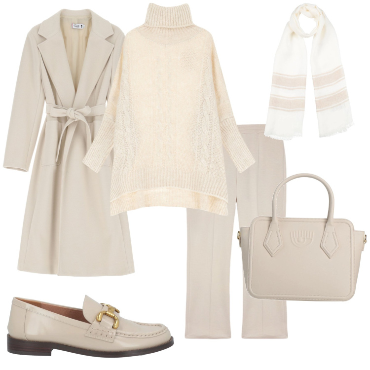 Outfit donna - Tono su tono in ufficio. Stile Bon Ton per Ufficio. Abbinamento con sciarpe, mocassini, borse a mano, cappotti, maglieria, pantaloni.